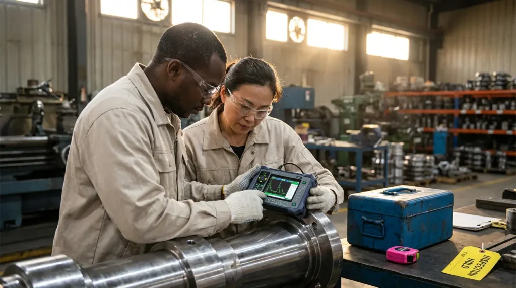 Two factory workers using a digital device to monitor production processes in a manufacturing environment.