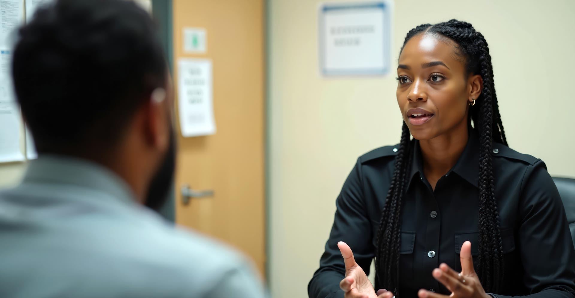 Counselor talks with a client in office setting.