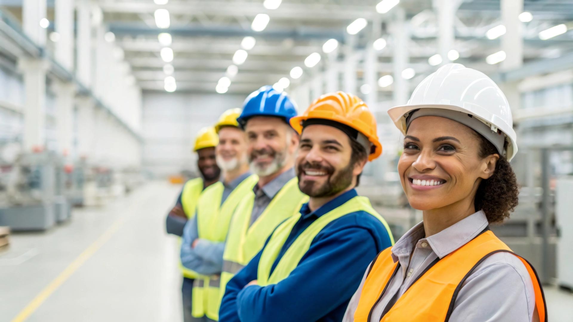 Diverse industrial workers smiling in safety gear manufacturing facility team